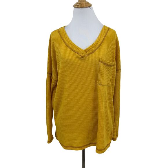 Reb. in J. 220 Kendra Sweater Womens S Mustard Waffle Knit Drop Shoulder V Neck - Picture 1 of 9